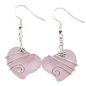 Wire Pink Twin Heart Sea Glass Earrings Women Jewelry Gift